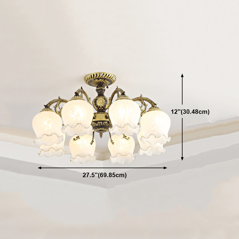 Lámpara semi rascilla de múltiples cabezas iluminación de techo de dormitorio tradicional con sombra de vidrio de flores