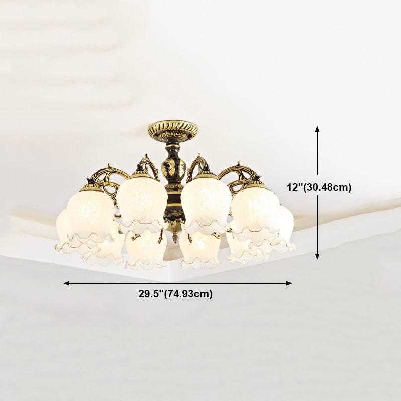 Lámpara semi rascilla de múltiples cabezas iluminación de techo de dormitorio tradicional con sombra de vidrio de flores