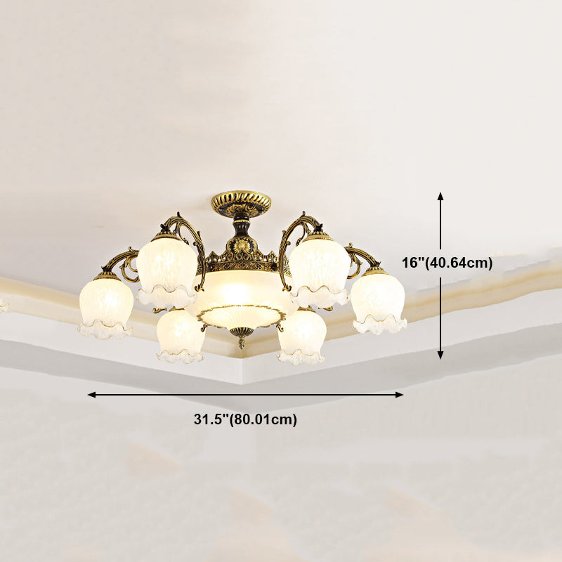 Lámpara semi rascilla de múltiples cabezas iluminación de techo de dormitorio tradicional con sombra de vidrio de flores