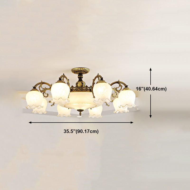 Lámpara semi rascilla de múltiples cabezas iluminación de techo de dormitorio tradicional con sombra de vidrio de flores