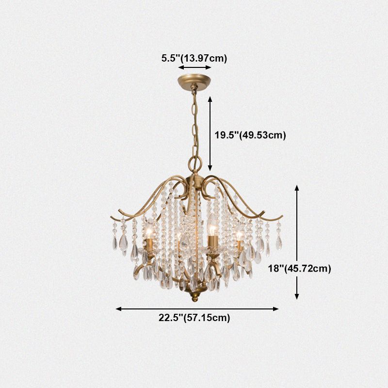 Retro Candlestick Chandelier 6 Heads Iron Hanging Lamp in Gold with Crystal Decoration