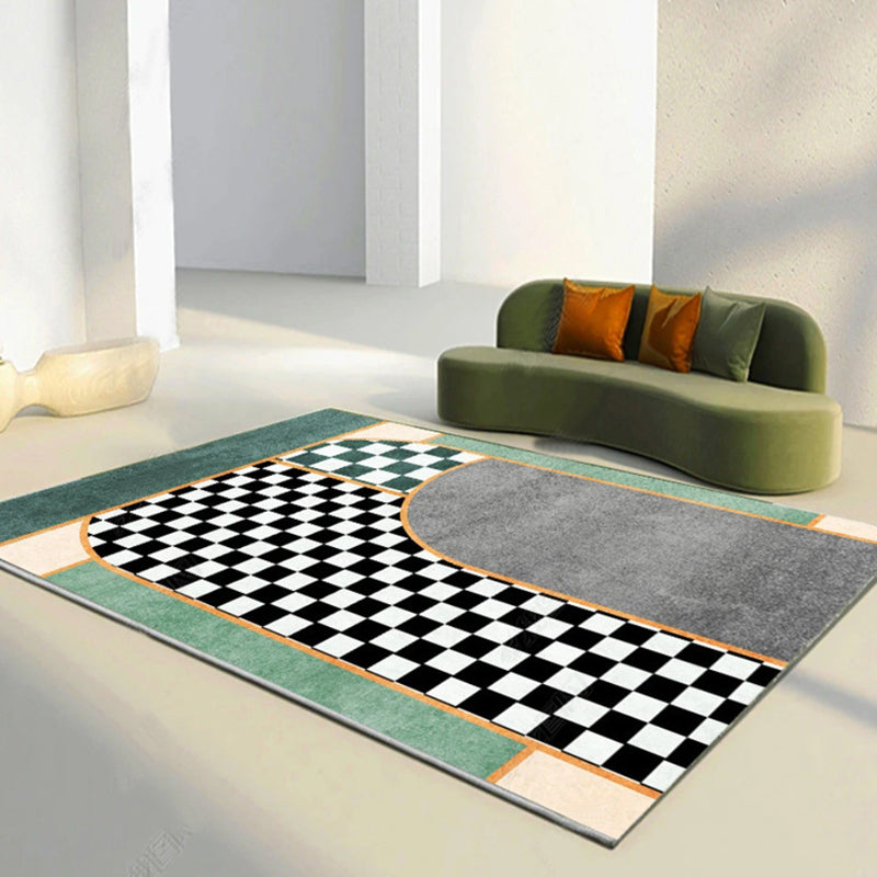 Rapis à damier noir Tapis lavable moderne en polyester pour le salon