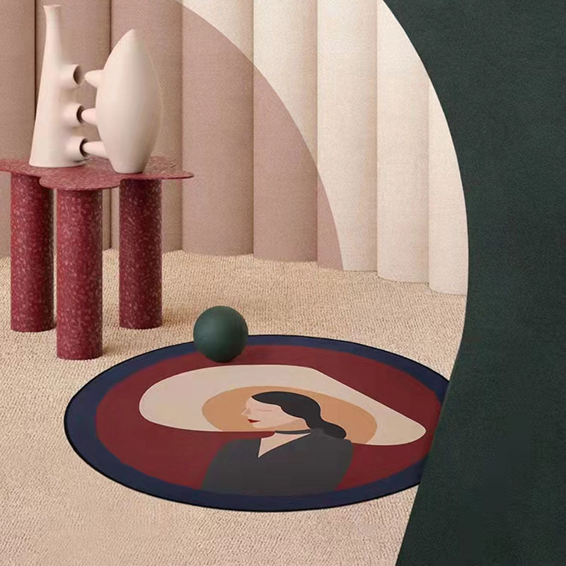 Wine Red Modern Rug Polyester Girl Rug Washable Rug for Living Room