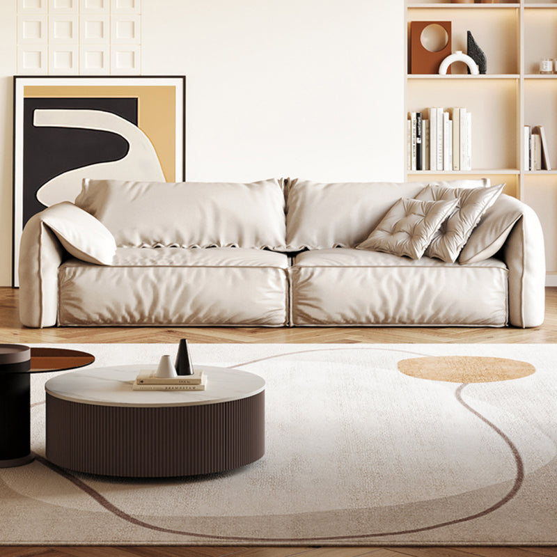 White Contemporary Faux Leather Pillow Top Arm Sofa with Bolster Pillows for Living Room