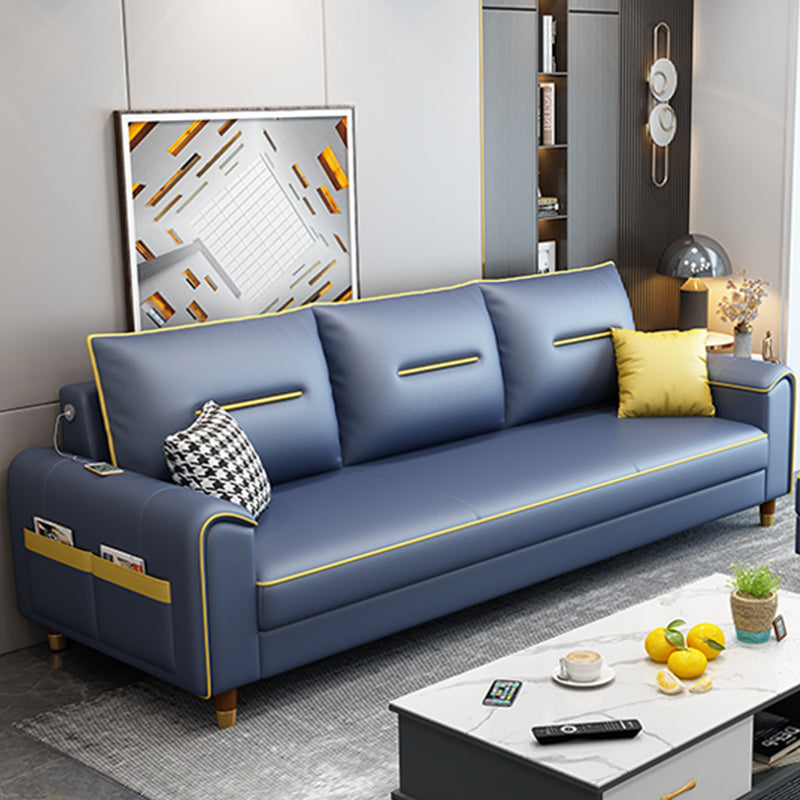 Nordic Leather Sofa with Bolster Pillows Single Cushion Seat Square Arm for Living Room