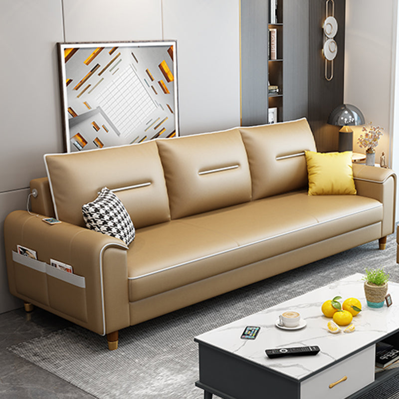 Nordic Leather Sofa with Bolster Pillows Single Cushion Seat Square Arm for Living Room