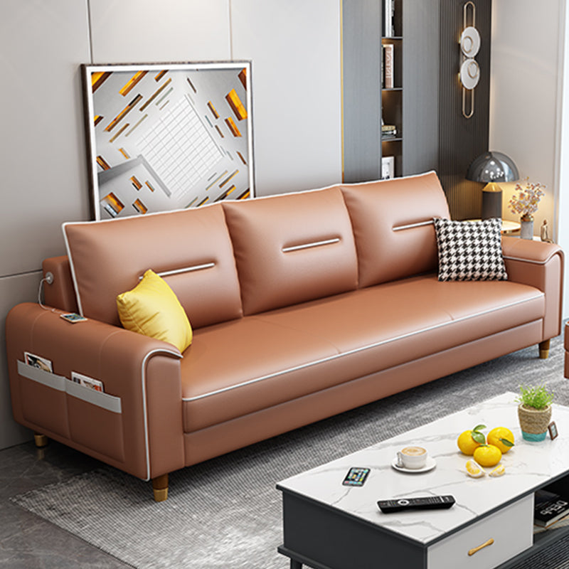 Nordic Leather Sofa with Bolster Pillows Single Cushion Seat Square Arm for Living Room