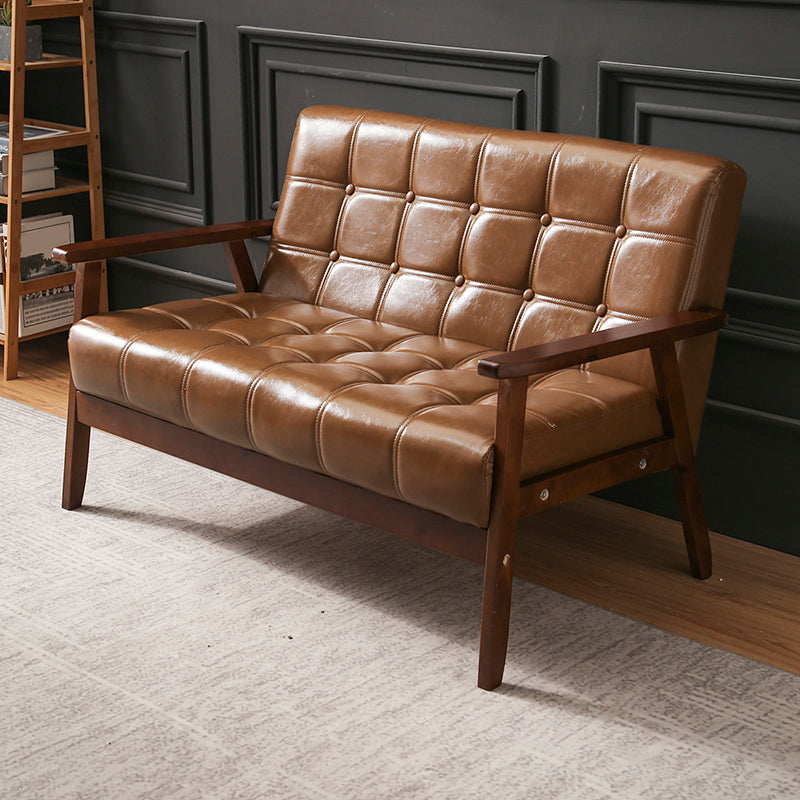Brown Modern Biscuit Back Genuine Leather Standard Sofa 27.56"High Square Arm Sofa