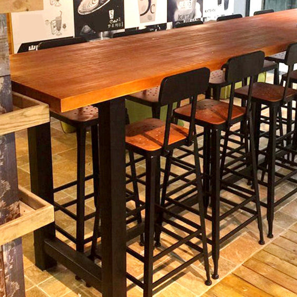 Modern Style Brown Bar Table Solid Wood and Iron with Footrest Coffee Shop Bar Table
