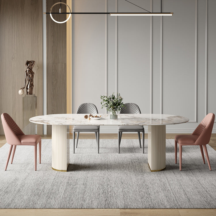 Ovale dubbele voetstuk glamour eettafel witte tint vaste tafel met gesinterde steen