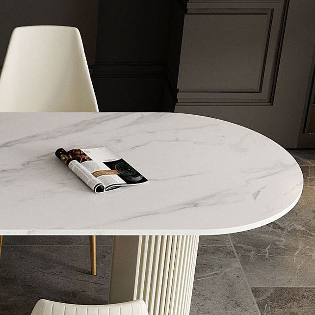 Traditional Luxury Dining Table White Sintered Stone Double Pedestal Dining Table