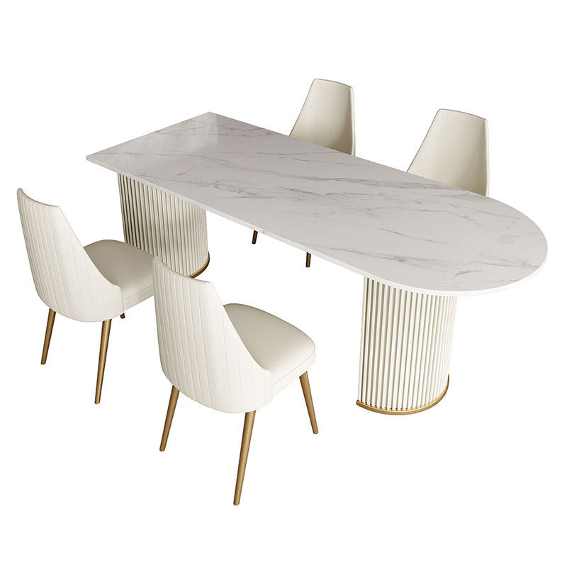 Traditional Luxury Dining Table White Sintered Stone Double Pedestal Dining Table