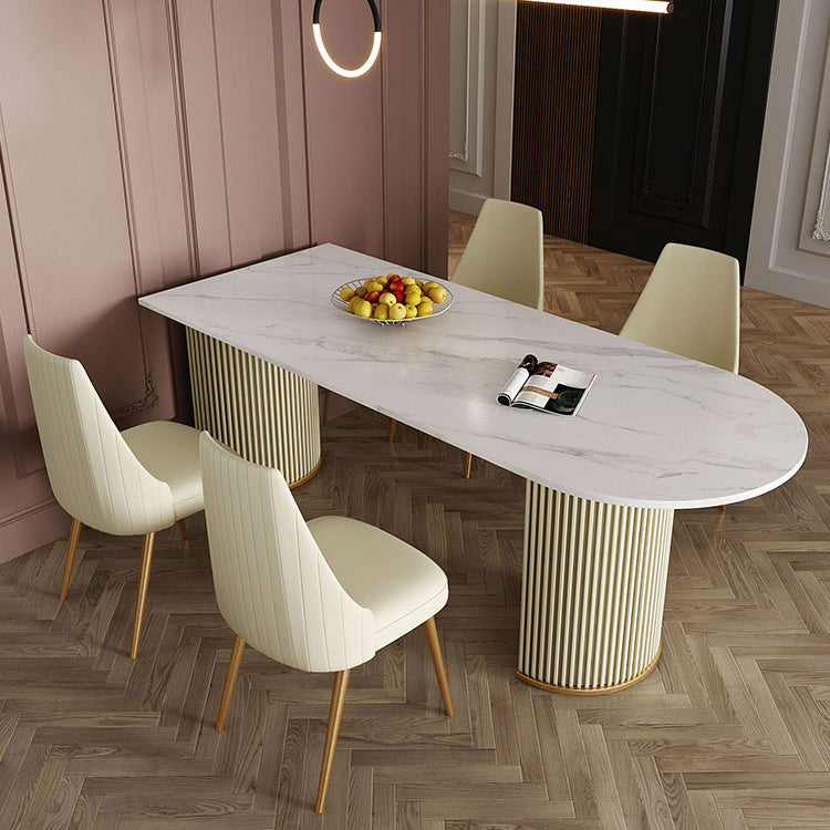 Traditional Luxury Dining Table White Sintered Stone Double Pedestal Dining Table