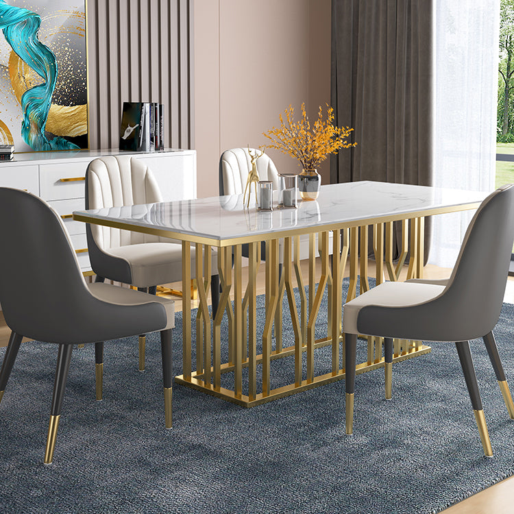 Mesa de comedor rectangular de lujo tradicional de metal, mesa interior con tapa blanca y base de pedestal