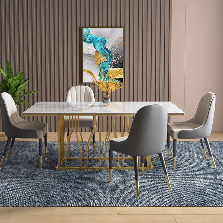 Mesa de comedor rectangular de lujo tradicional de metal, mesa interior con tapa blanca y base de pedestal