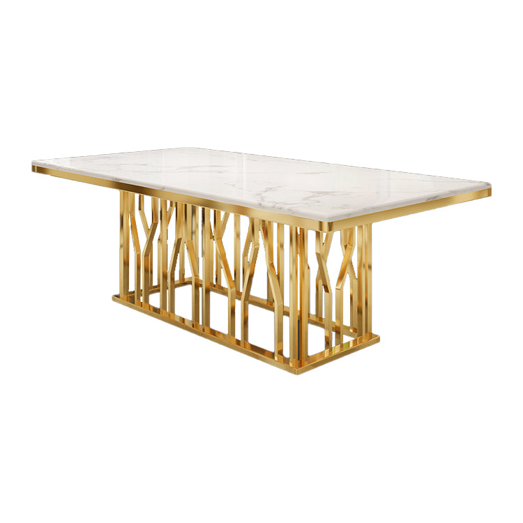 Mesa de comedor rectangular de lujo tradicional de metal, mesa interior con tapa blanca y base de pedestal