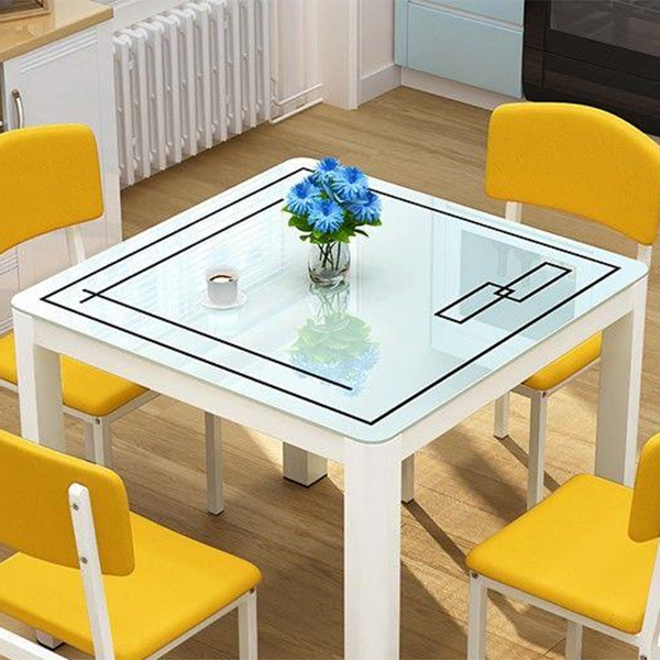 Mesa de comedor cuadrada de estilo industrial, mesa de comedor de vidrio con 4 patas