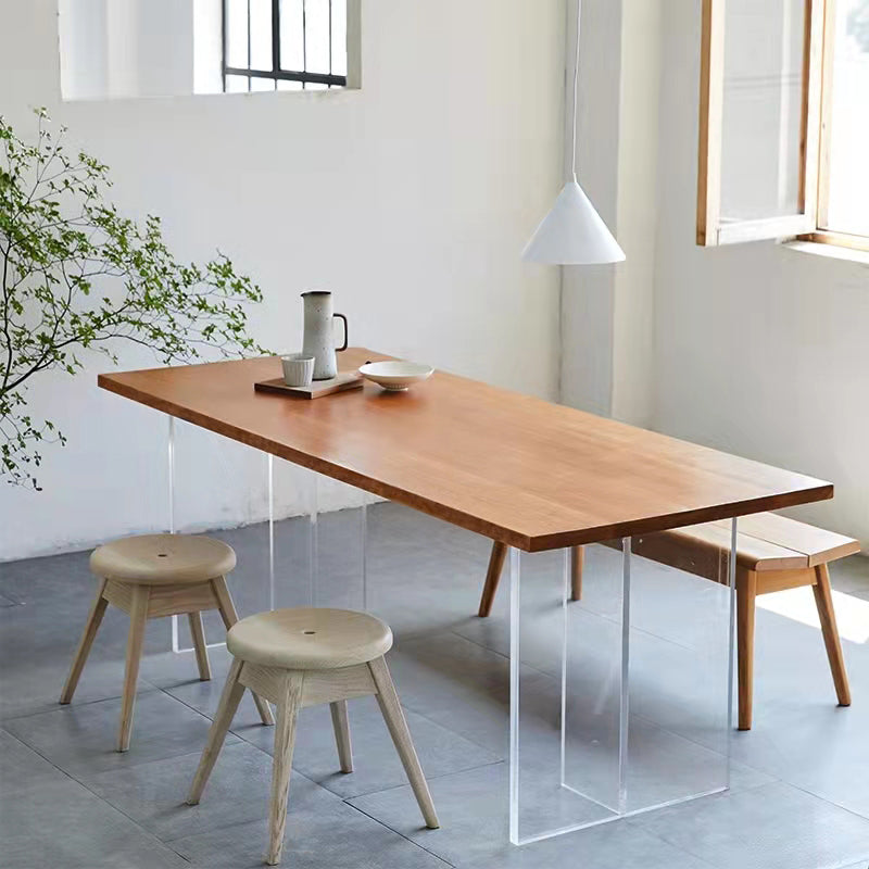 Mesa de restaurante moderna de mesa de madera de pino con base de pedestal doble acrílico