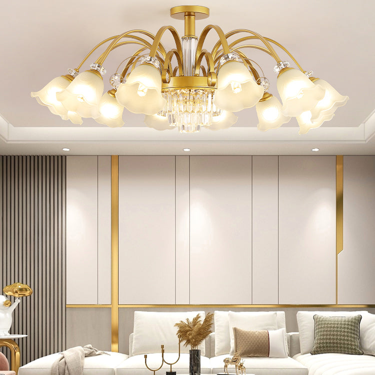 Éclairage de plafond multi-tampon traditionnel à lampe métallique avec une teinte en verre de fleur