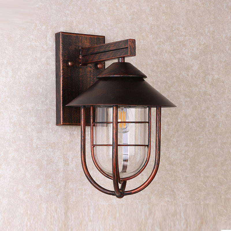 Retro Style Metal Wall Light Cage Shape Wall Sconce with Glass for Outdoors