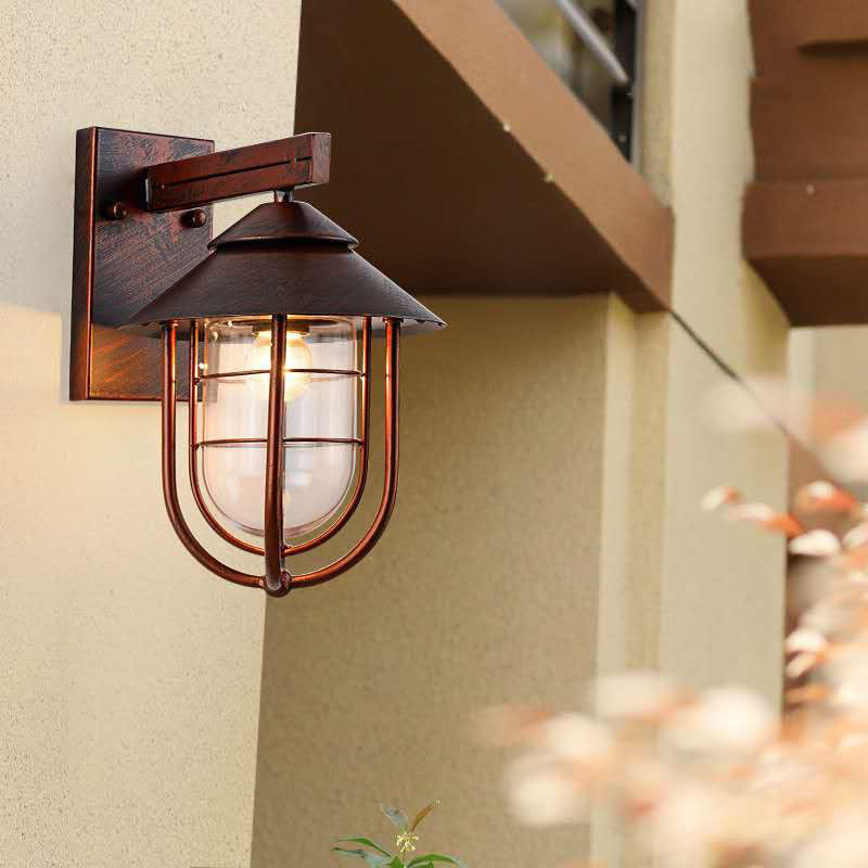 Retro -Stil Metall Wandleuchte Käfigform Wandleuchten mit Glas für Natur im Freien