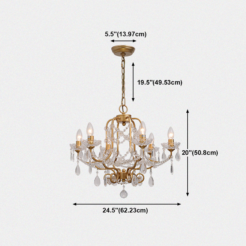 Gold Chandelier Lamp Vintage Metal Candle Suspension Pendant Light with Crystal Drop
