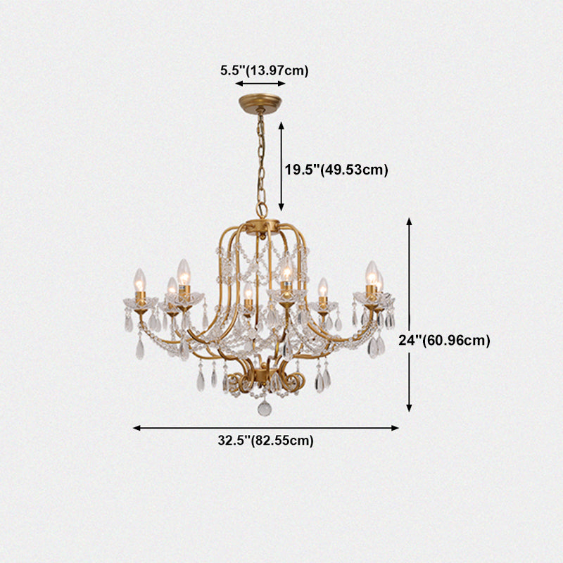 Gold Chandelier Lamp Vintage Metal Candle Suspension Pendant Light with Crystal Drop