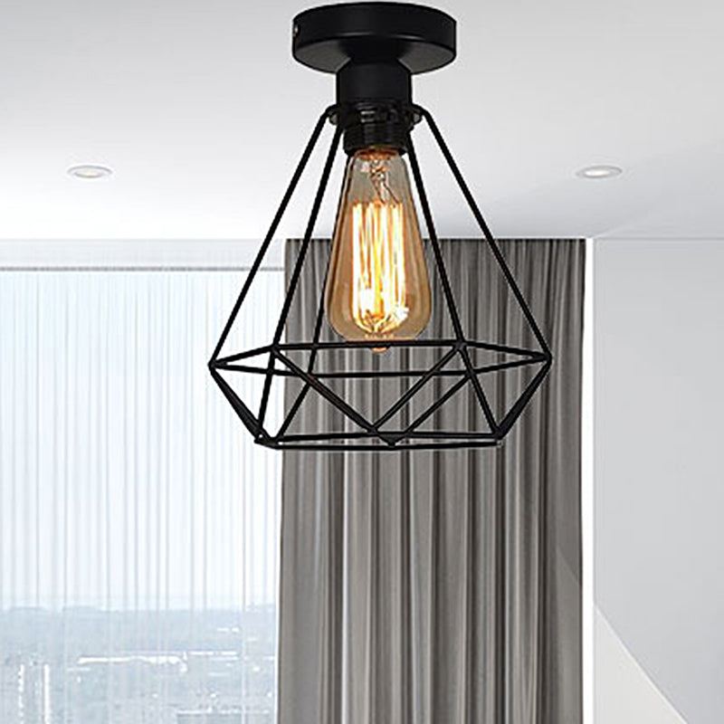 1 Head Iron Semi Flush Mount Light Industrial Style Black Cage Diamond Coffee Shop Ceiling Light