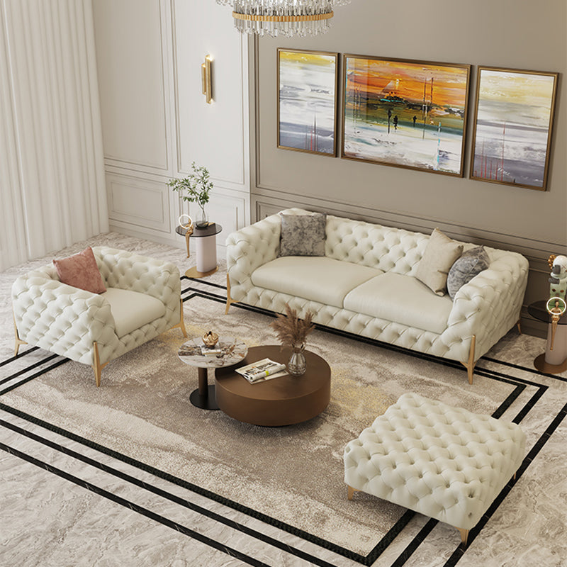 27.95"H Contemporary Glam Leather Beige Tuxedo Arm Sofa For Living Room