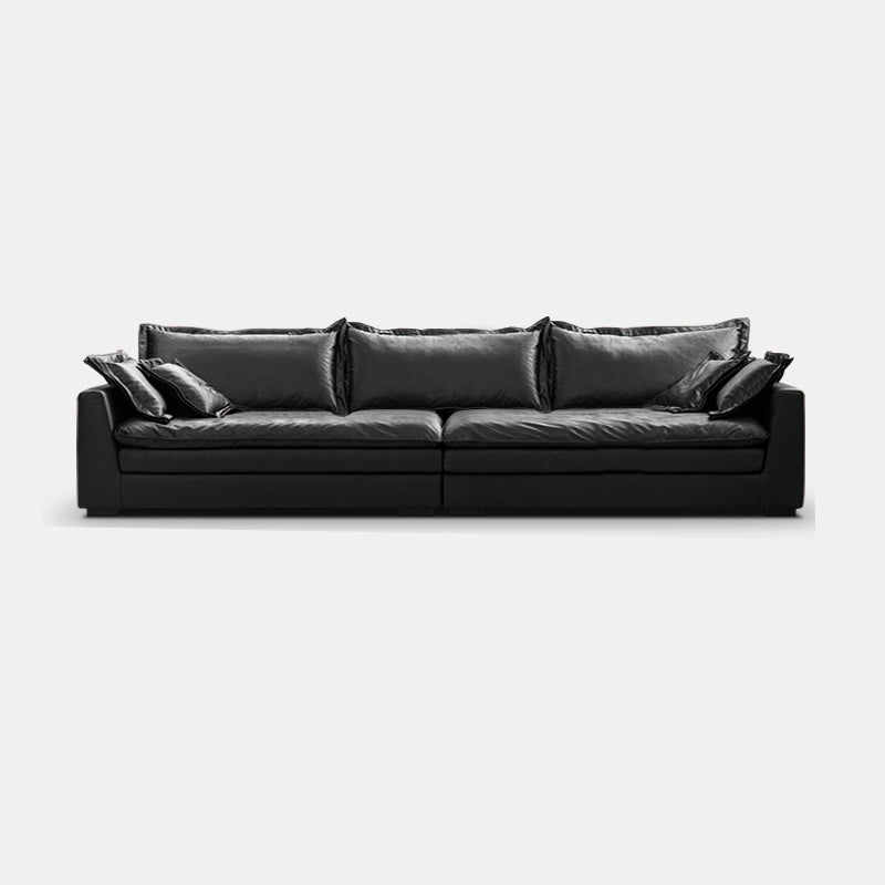 Black Contemporary Faux Leather Tuxedo Arm Sofa with Bolster Pillows for Living Room
