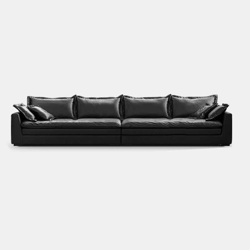 Black Contemporary Faux Leather Tuxedo Arm Sofa with Bolster Pillows for Living Room