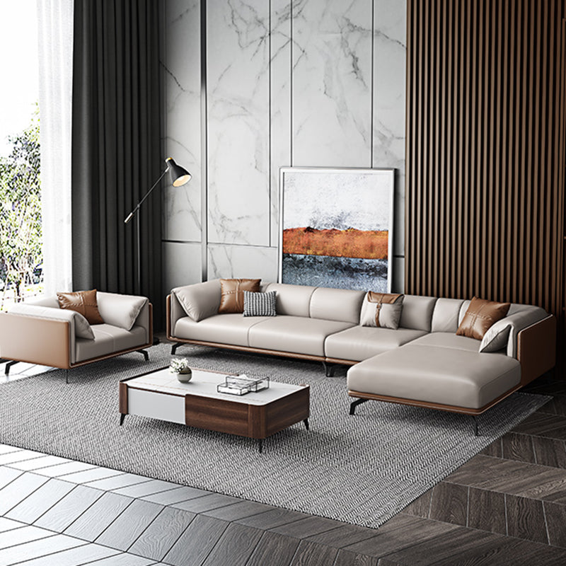 Contemporary Genuine Leather Pillow Top Arm Sofa for Living Room, Apartment