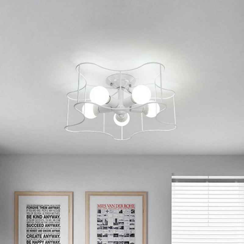 Métal en forme d'étoile Semi Flush Industrial Bulb Living Room Lightture en noir / blanc avec cage