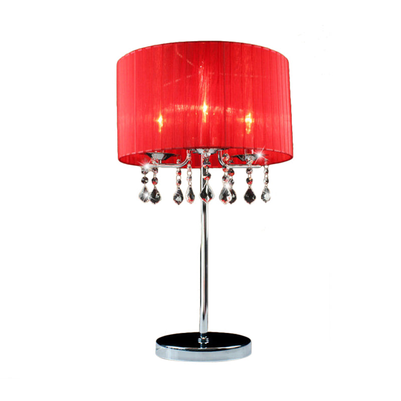 Lámpara de escritorio cilíndrica de tela, lámpara de mesa de noche moderna de 1 bombilla en rojo con lágrima de cristal