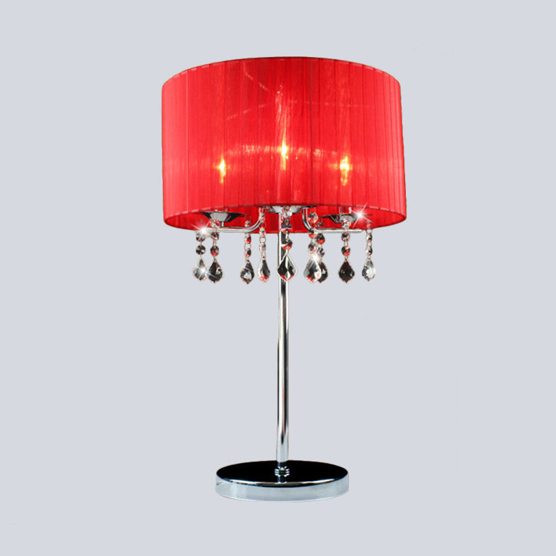 Lampe de bureau cylindrique en tissu, lampe de table de nuit moderne à 1 ampoule en rouge avec larme de cristal