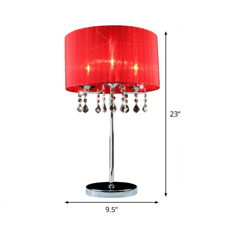 Lampe de bureau cylindrique en tissu, lampe de table de nuit moderne à 1 ampoule en rouge avec larme de cristal