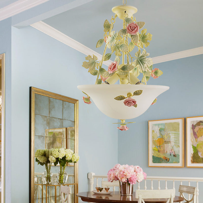Pastoral Bowl Hanging Chandelier 3 Bulbs White Glass LED Flower Ceiling Light for Living Room