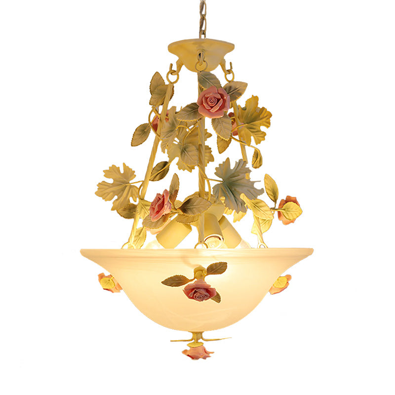 Pastoral Bowl Hanging Chandelier 3 Bulbs White Glass LED Flower Ceiling Light for Living Room