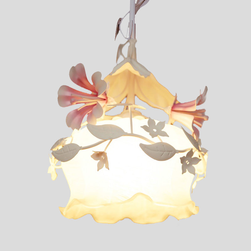 Pink Scalloped Chandelier Pendant Light Pastoral White Glass 1/3 Heads Bedroom LED Ceiling Lamp