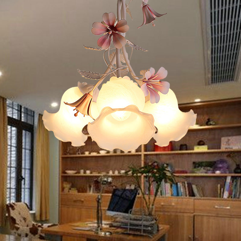 Pink Scalloped Chandelier Pendant Light Pastoral White Glass 1/3 Heads Bedroom LED Ceiling Lamp