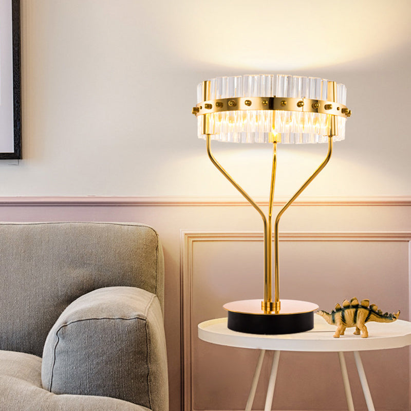 LED Cylindrical Desk Light Contemporary Beveled Crystal Night Table Lamp in Gold