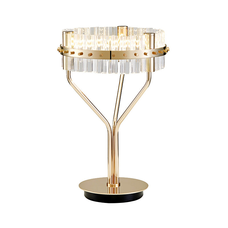 LED Cylindrical Desk Light Contemporary Beveled Crystal Night Table Lamp in Gold