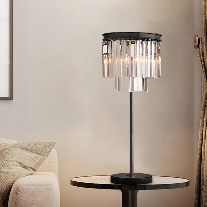 Simplicity Cylinder Shape Table Lamp Hand-Cut Crystal 3 Bulbs Reading Book Light in Black