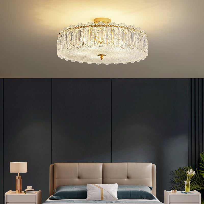 Lampe de plafond de forme ronde Mount à chasse d'eau en fer moderne avec abat-jour en verre pour chambre à coucher