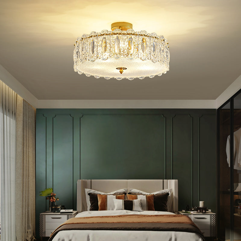 Lampe de plafond de forme ronde Mount à chasse d'eau en fer moderne avec abat-jour en verre pour chambre à coucher
