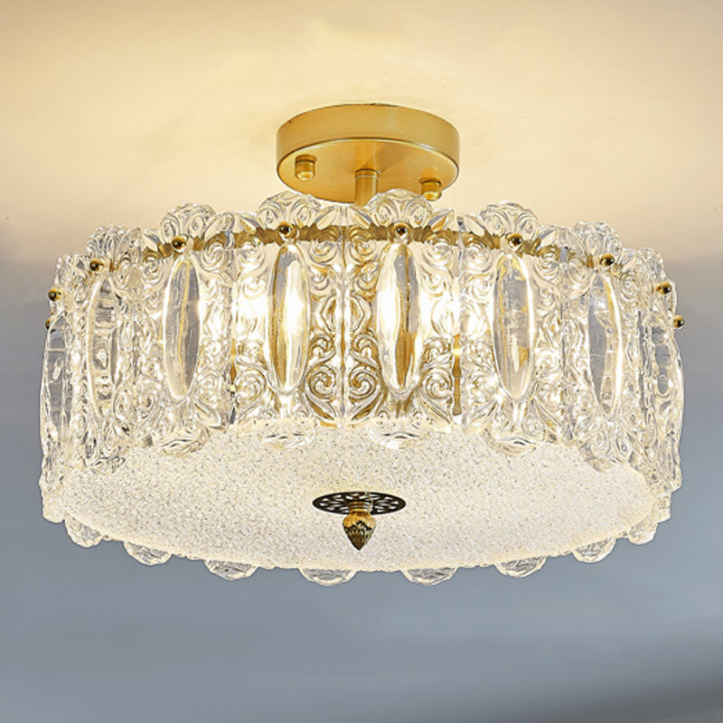 Lampe de plafond de forme ronde Mount à chasse d'eau en fer moderne avec abat-jour en verre pour chambre à coucher