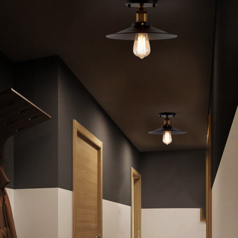 Metal Conical Semi Flush Mount Light Industrial Aisle Semi Mount Lighting in Black