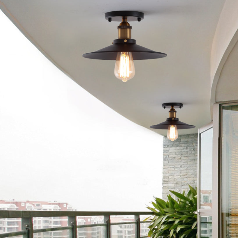 Metal Conical Semi Flush Mount Light Industrial Aisle Semi Mount Lighting in Black