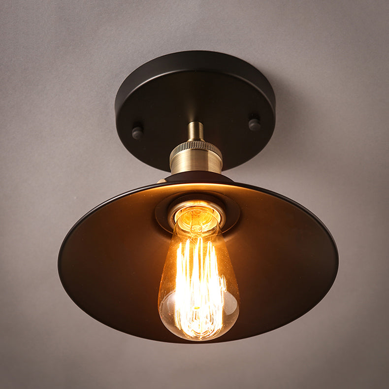 Metal Conical Semi Flush Mount Light Industrial Aisle Semi Mount Lighting in Black