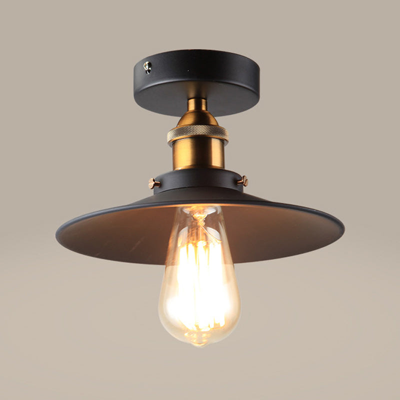 Metal Conical Semi Flush Mount Light Industrial Aisle Semi Mount Lighting in Black